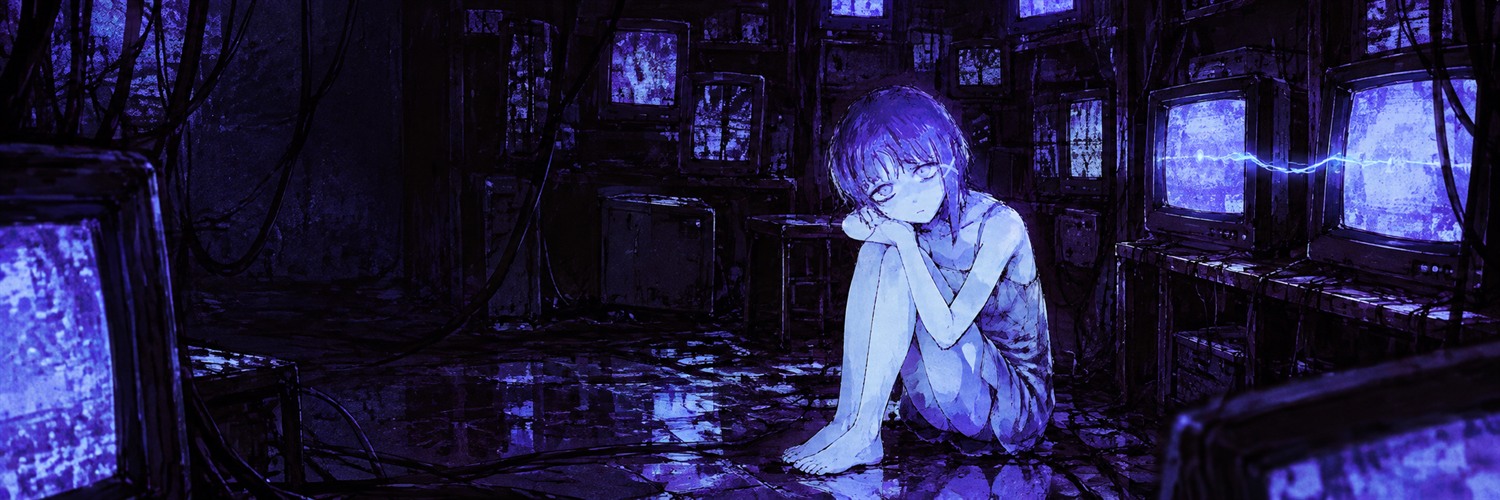 A quiet room of old violet monitors and a girl among them