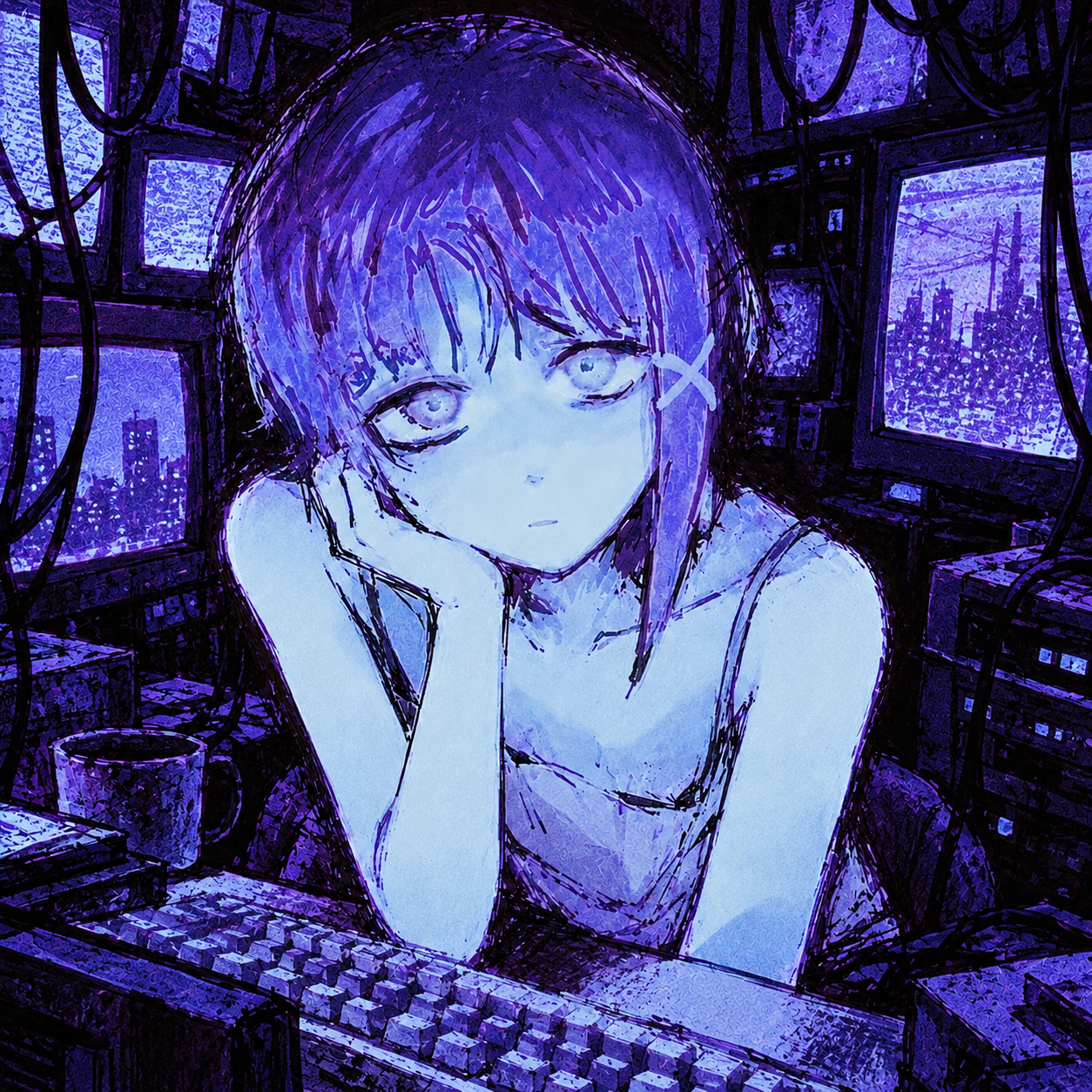 Square launch illustration of the girl looking toward the viewer