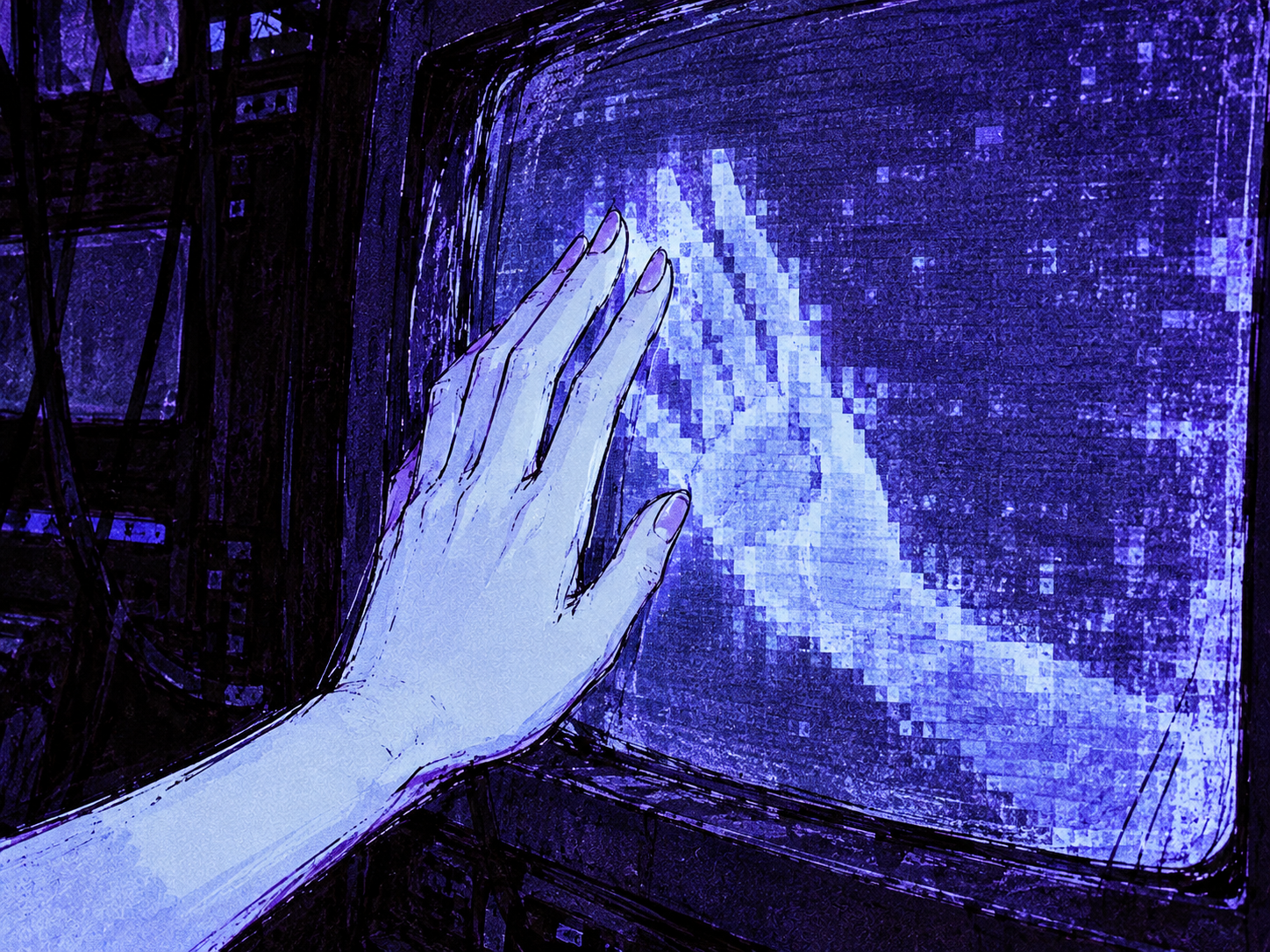 Two hands almost meet across the glowing glass of a CRT monitor