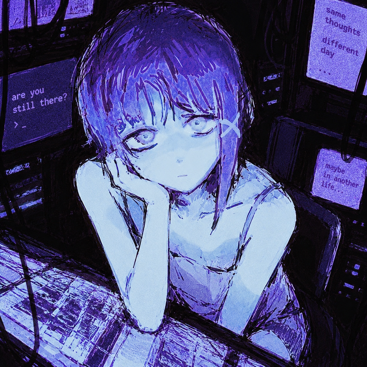 The girl at her keyboard, surrounded by violet CRT screens
