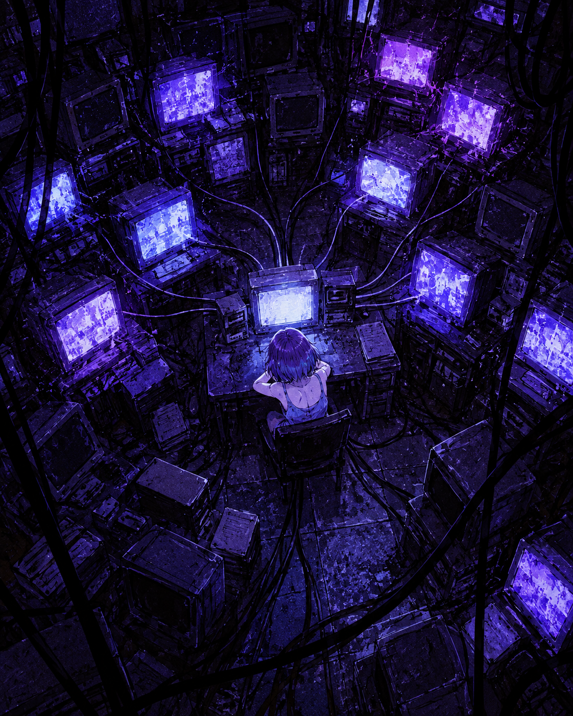 The signal spreads across a room full of glowing CRT monitors